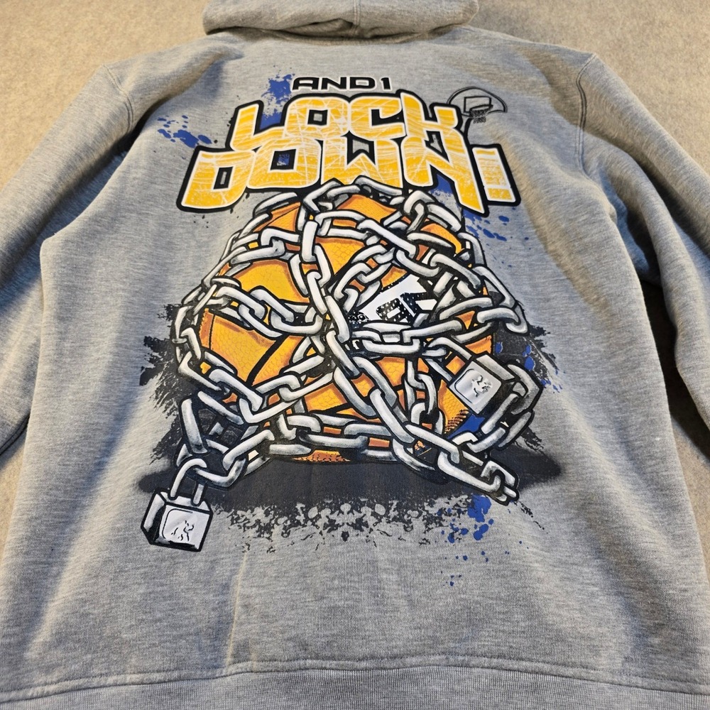AND1 Boys XL 18/20 Gray Full Zip Hoodie Lock Down Basketball Graphic Sweatshirt